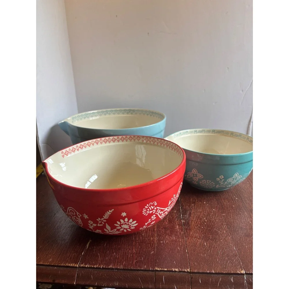 Pioneer Woman Nesting Mixing Bowls Set of 3 Floral Hummingbird Red Blue Teal